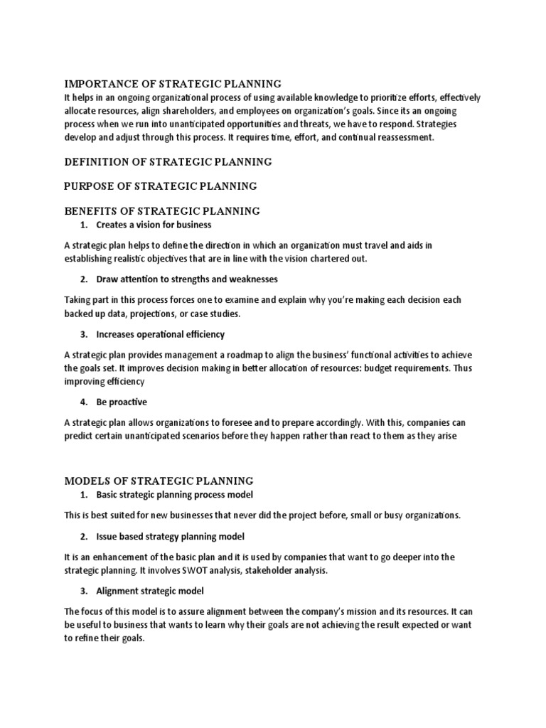 Benefits and Models of Strategic Planning | PDF | Strategic Planning | Goal