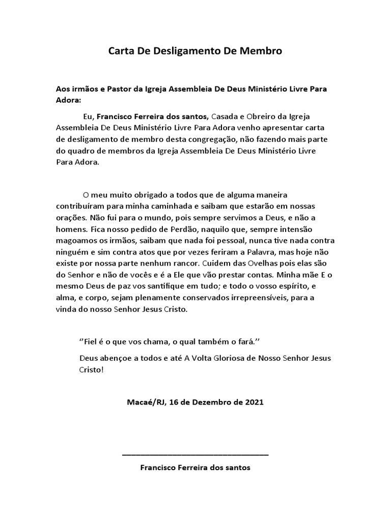 Carta de Desligamento de Membro PDF