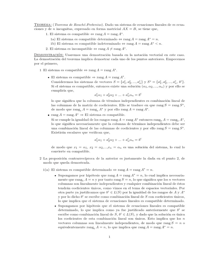 Teorema de Rouche Frobenius | PDF | Espacio vectorial | Álgebra lineal