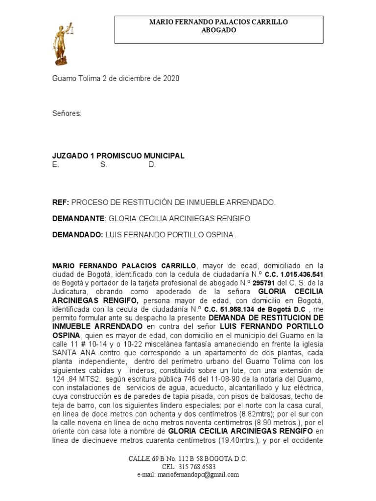 Demanda de Restitución de Inmueble | PDF | Ley común | Principios éticos