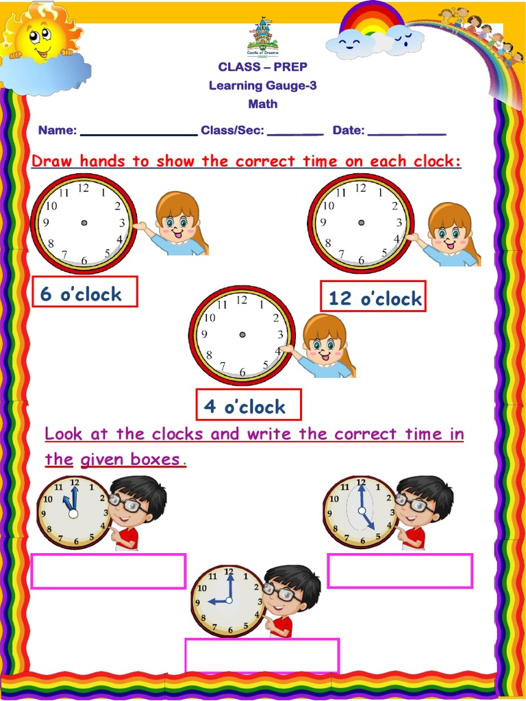 6 O'clock 12 O'clock: Draw Hands To Show The Correct Time On Each Clock ...