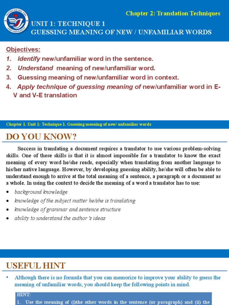 Chapter 2. Unit 1 .Technique 1 Guessing Unfamiliar Words | PDF ...