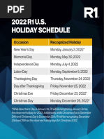 2022 US Holiday Schedule