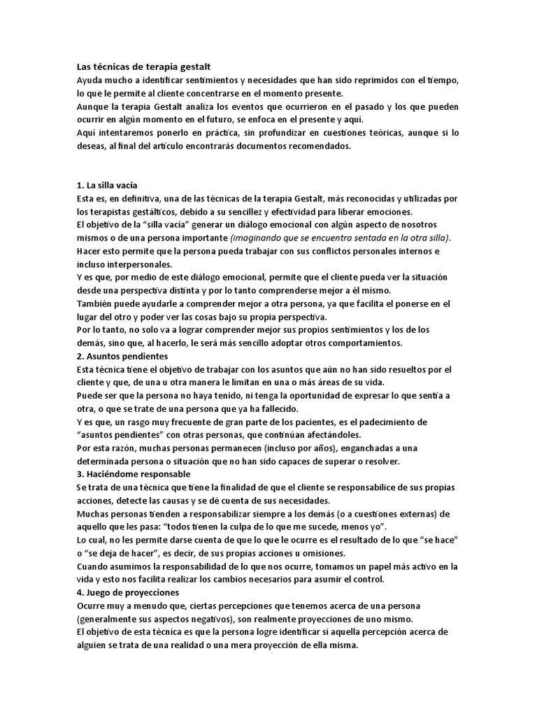 Técnicas Clave de Terapia Gestalt | PDF | Terapia Gestalt | Las emociones