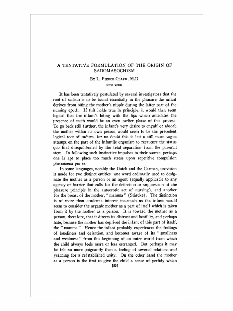 L. Pierce Clark. A Tentative Formulation of The Origin of Sadomasochism ...