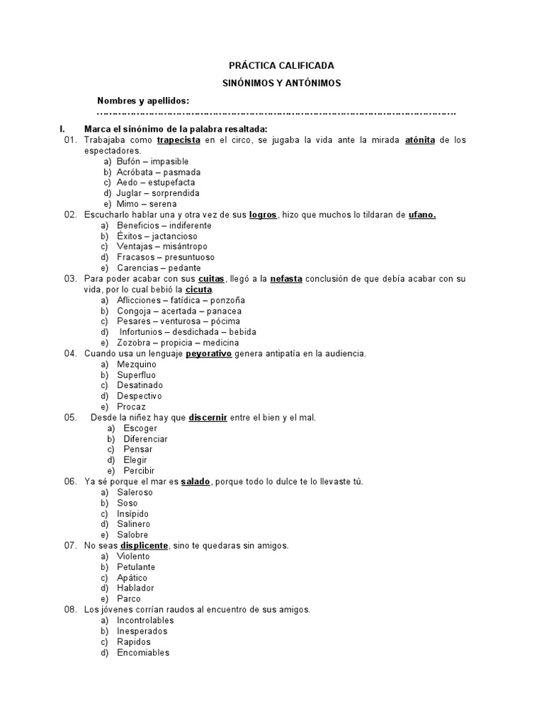 Práctica Calificada Sinónimos y Antónimos | PDF