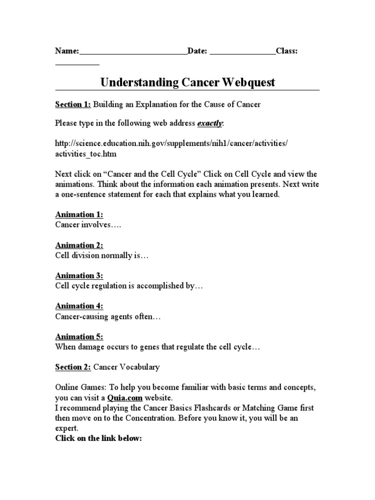 Understanding Cancer quest Name Date Class PDF
