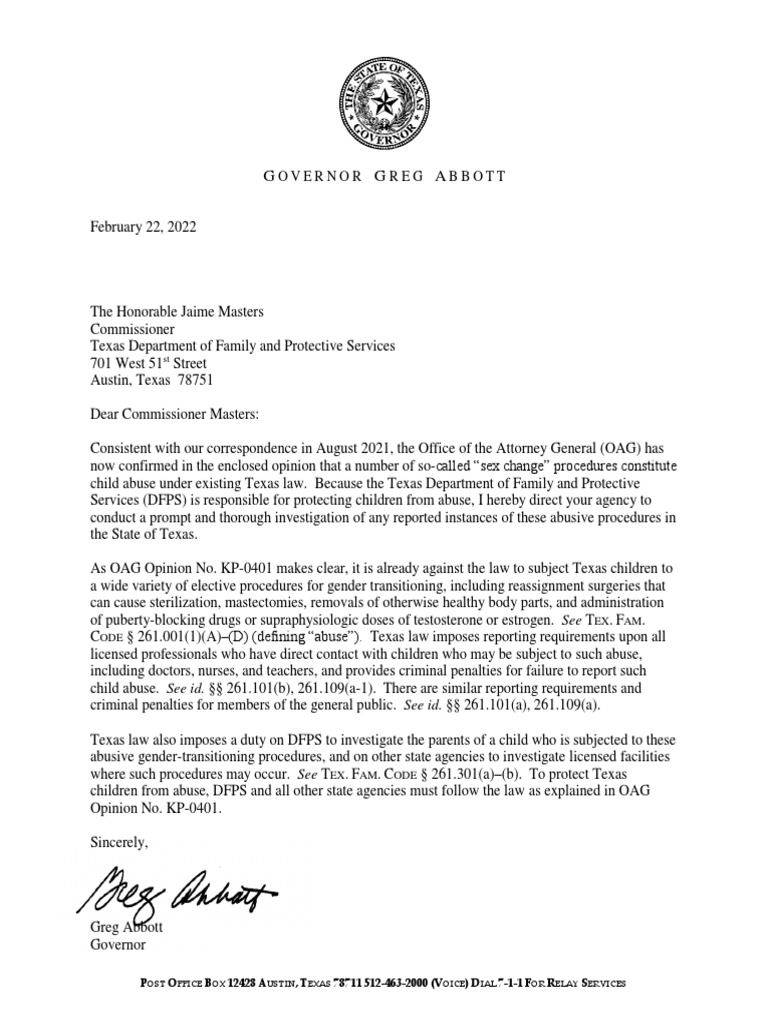 Gov. Abbott's Letter To Texas DFPS | PDF | Child Abuse | Skinner V ...