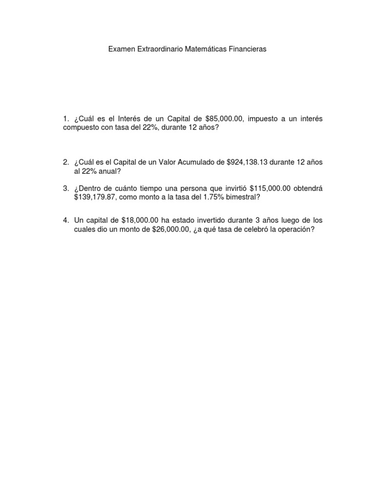 Examen de Matemáticas Financieras | PDF | Finanzas y dinero