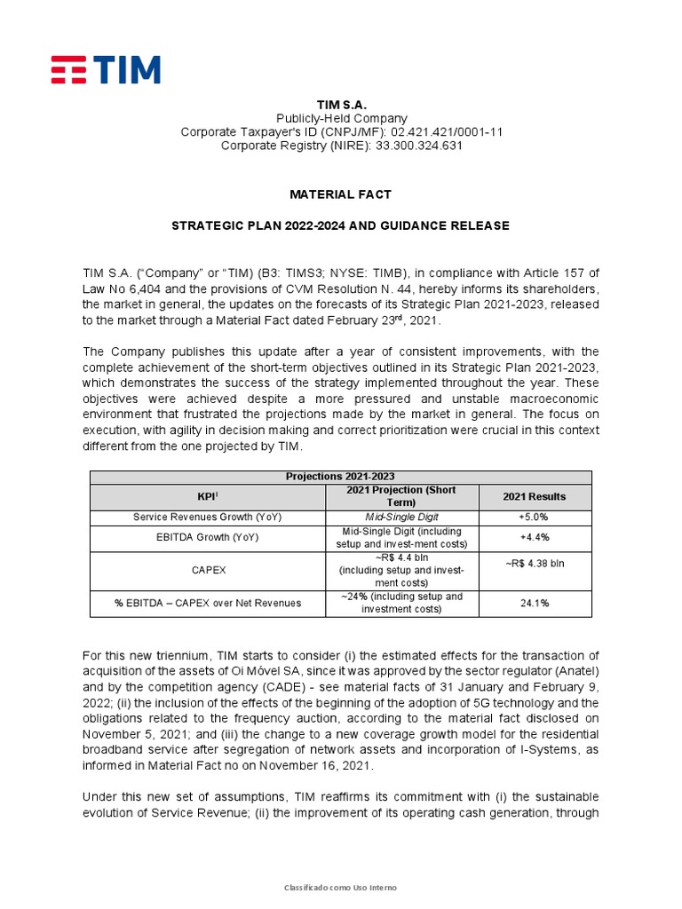Tim S.A. Projections 20212023 KPI 2021 Projection (Short Term) 2021
