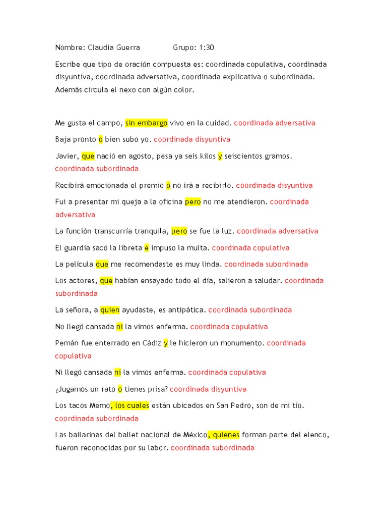 EJERCICIO Oraciones Compuestas Coordinadas y Subordinadas | PDF | Arte
