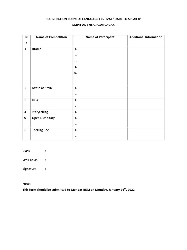 Registration Form of Language Festival | PDF