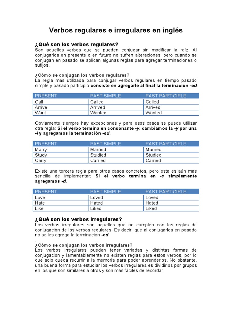 Verbos Regulares e Irregulares en Inglés | PDF | Verbo | Conjugación ...