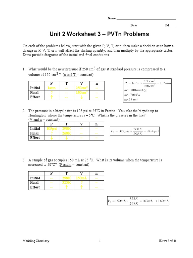 Unit 2 Worksheet 3 PVTN Problems P T V N Initial Final Effect PDF Gases Pressure