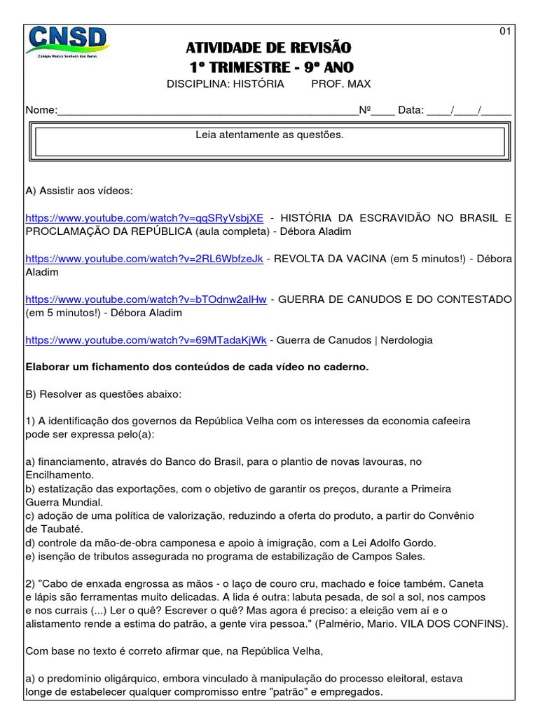 Atividades sobre a República Velha - 9º Ano | PDF | República ...