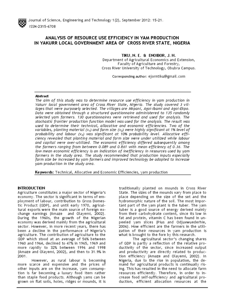 Yam Farming Efficiency in Nigeria | PDF | Production Function | Factors ...