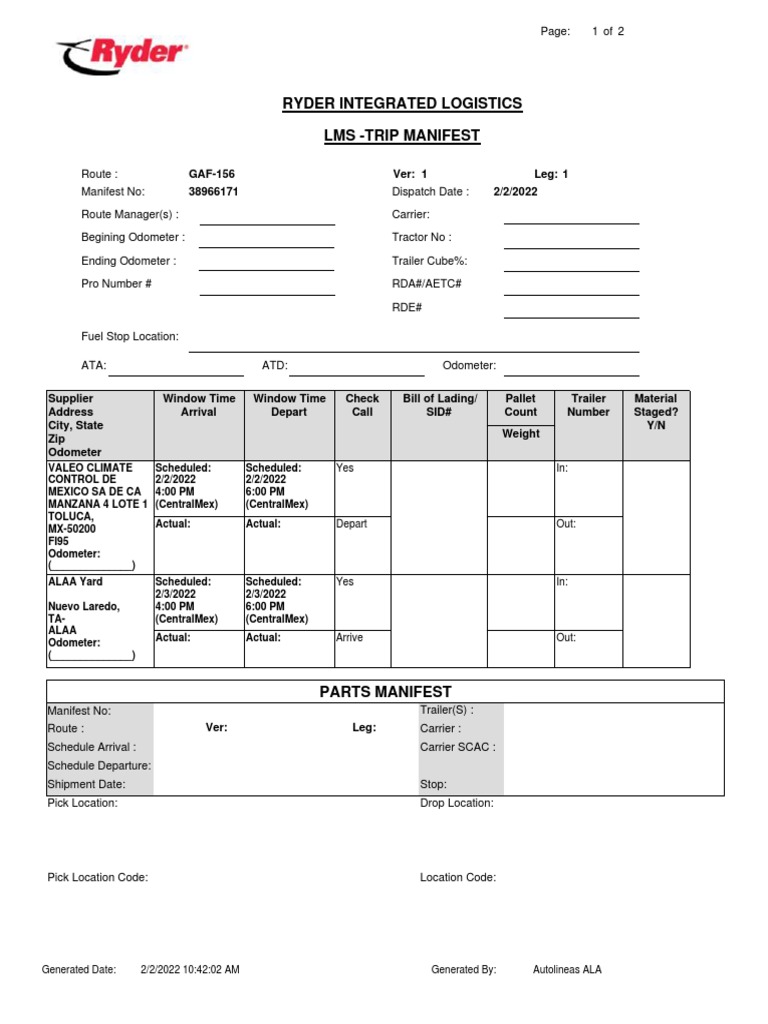 Ryder Integrated Logistics Lms - Trip Manifest: GAF-156 38966171 2/2/2022  Ver: 1 Leg: 1 | PDF | Cargo | Transport
