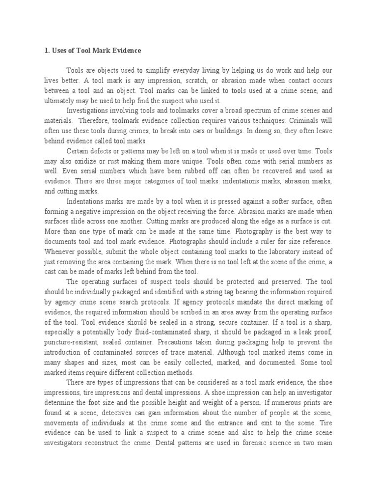 Uses of Tool Mark Evidence PDF Crime Scene Crime & Violence