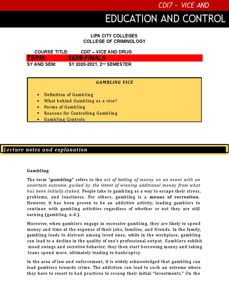 Cdi7semis Lesson 3 Gambling Vice PDF Gambling Gaming