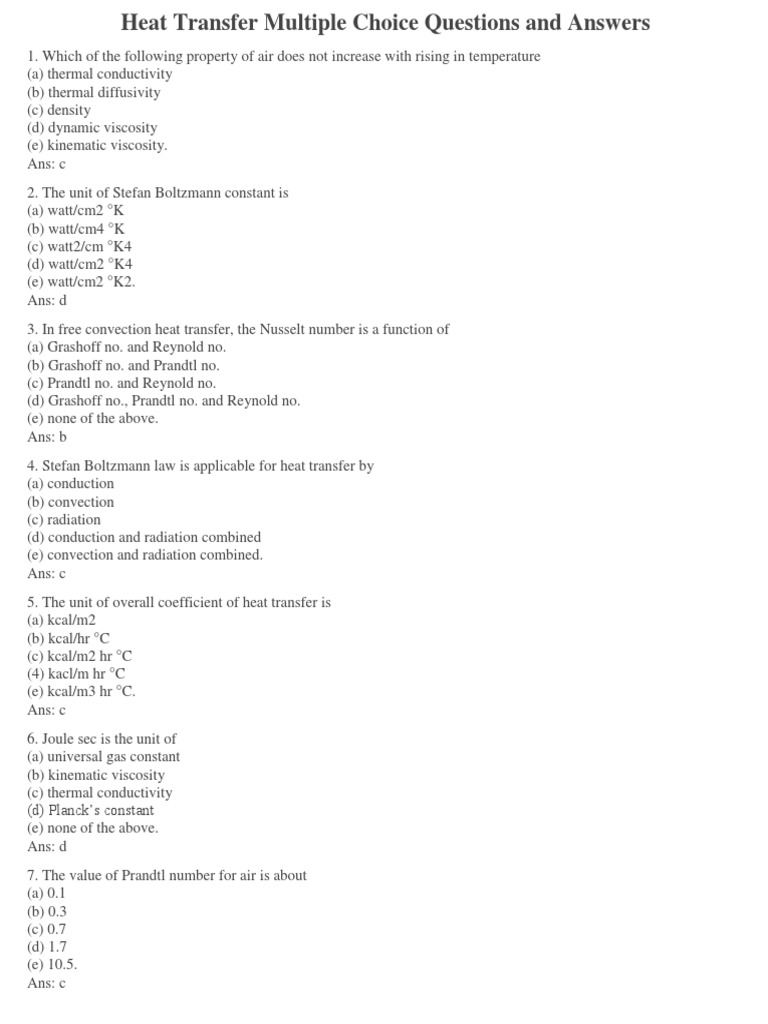 Heat Transfer MCQs and Answers | PDF | Heat Transfer | Thermal Insulation