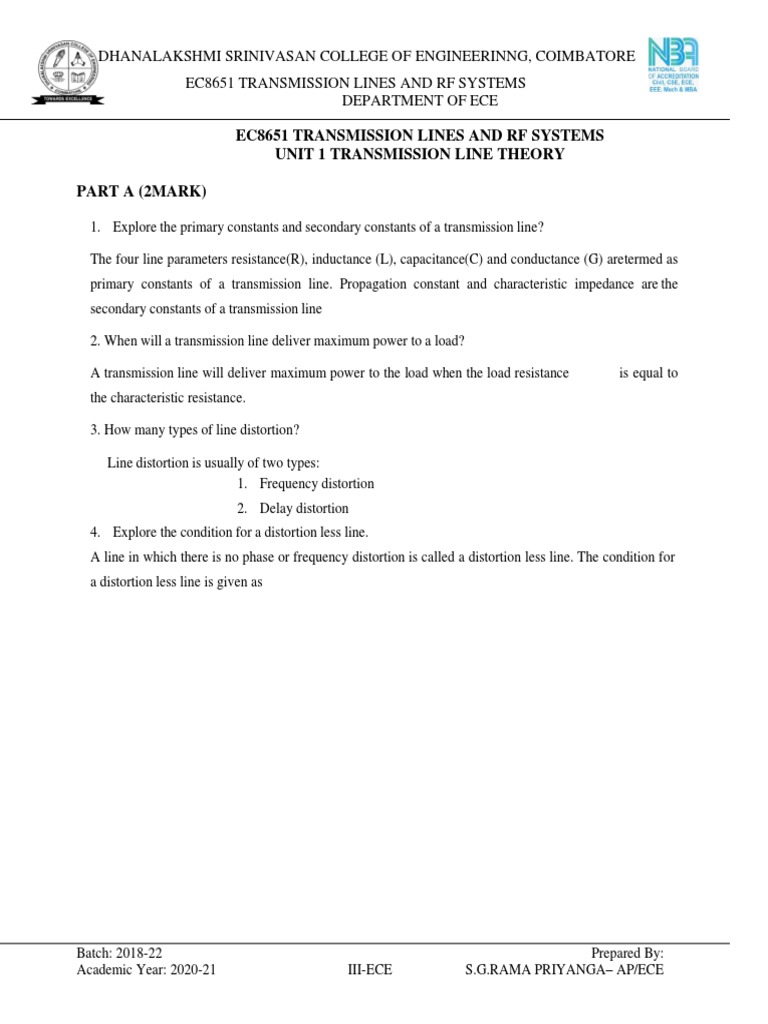 Ec8651 Transmission Lines and RF Systems Unit 1 Transmission Line