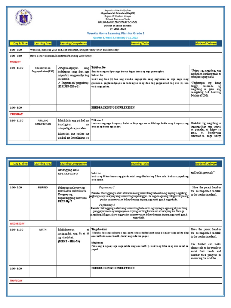 Grade 1 - All Subjects - WHLP - Q3 - W3 | PDF
