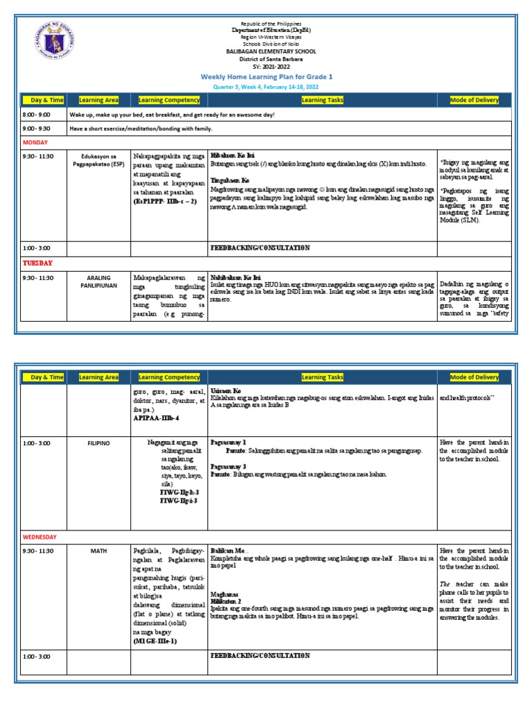 Grade 1 - All Subjects - WHLP - Q3 - W4 | PDF
