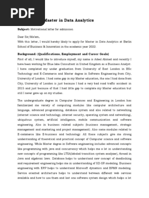 Master in Data Analytics (Motivational Letter)