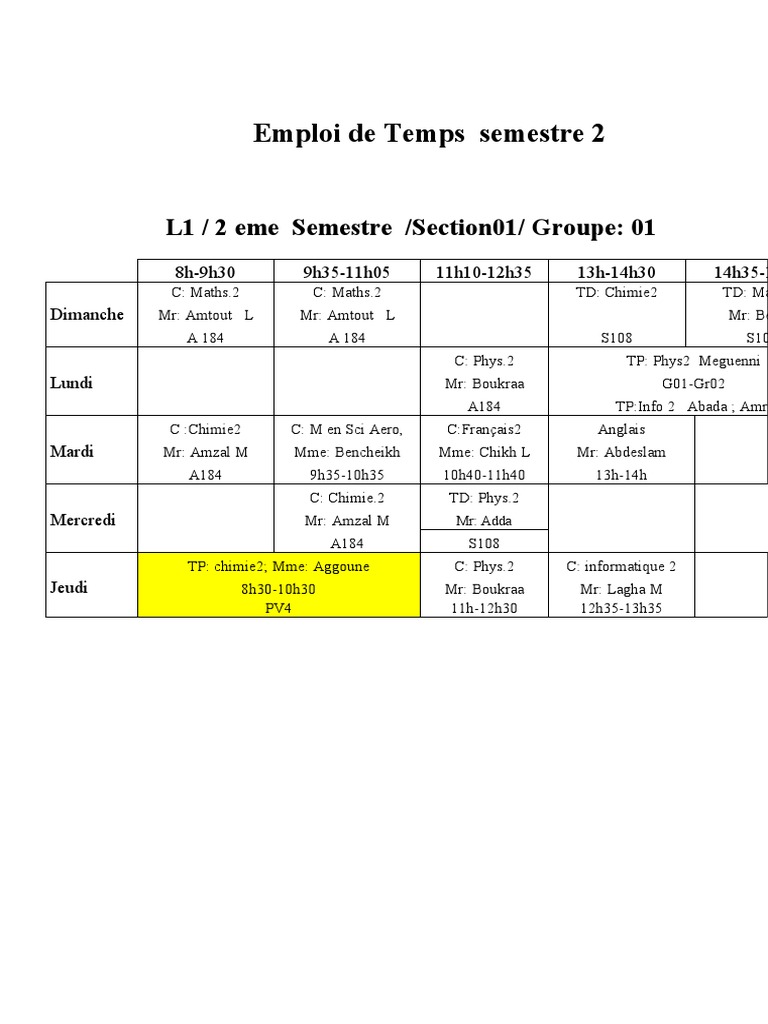 Emploi du Temps L1 Semestre 2 2021/2022 | PDF | Sciences et mathématiques