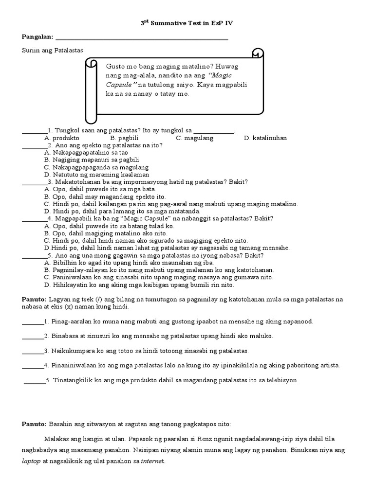 3rd Summative Test in EsP IV | PDF