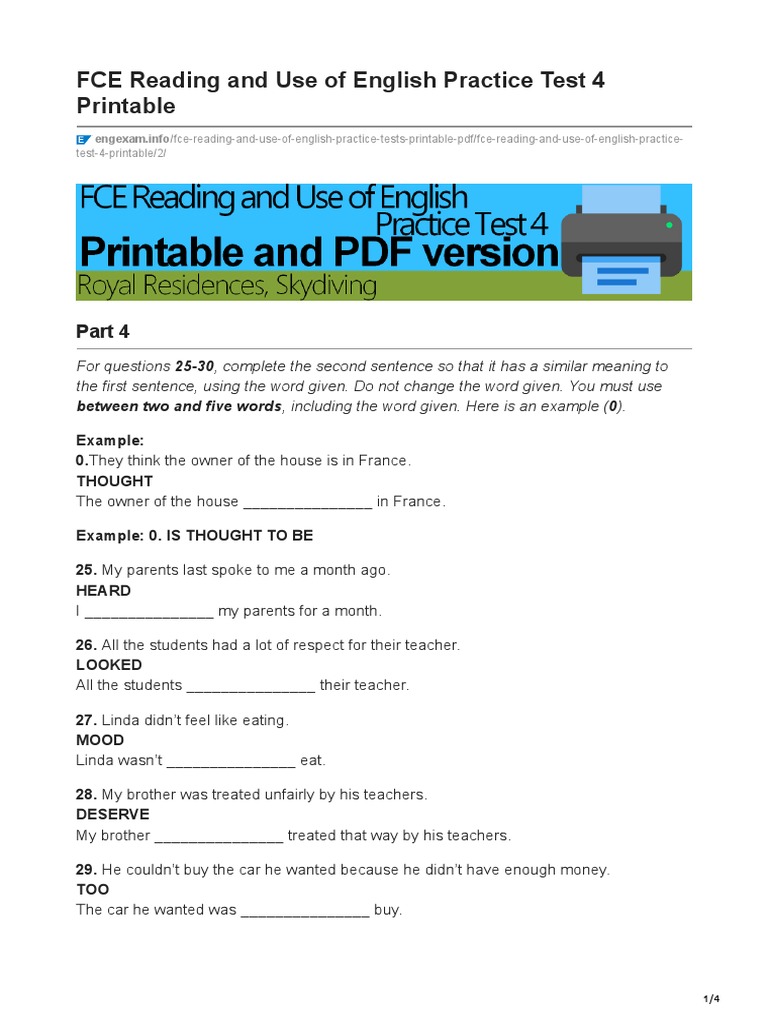 Engexam - info-FCE Reading and Use of English Practice Test 4 Printable ...