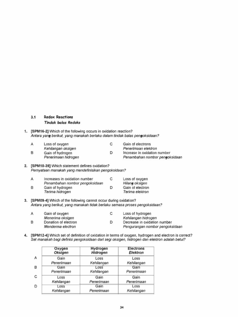 Redox Reactions Quiz for Form 5 | PDF | Redox | Physical Sciences