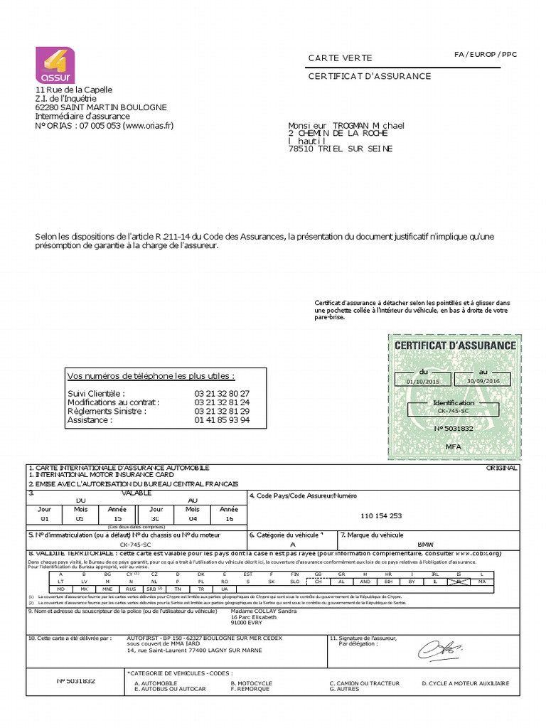 Carte Verte D Assurance Auto Vierge Pdf Carte Verte 4 | PDF | Assurance | Droit des affaires