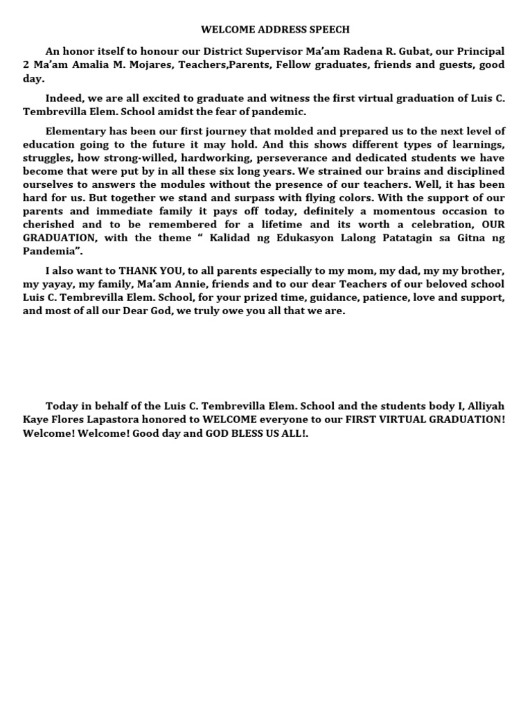 Welcome Address Speech PDF