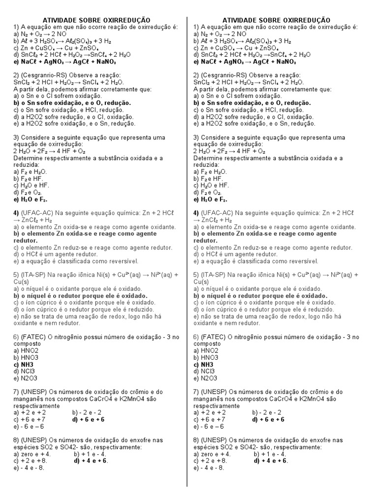 Atividade Sobre Oxirredução | PDF | Redox | Reações químicas