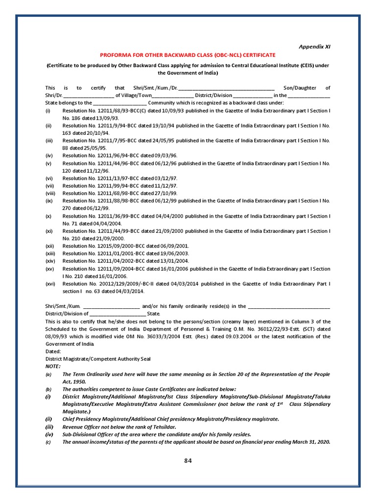 Proforma For Other Backward Certificate OBC NCL | PDF | Social ...