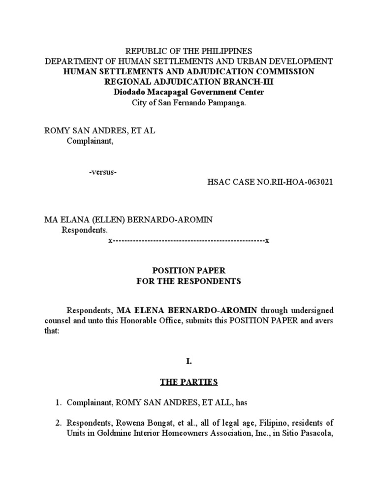 HSAC Case: Position Paper on Complaint | PDF | Lease | Complaint