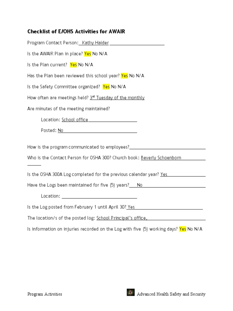 AWAIR Program Checklist and Activities | PDF | Self-Improvement | Wellness