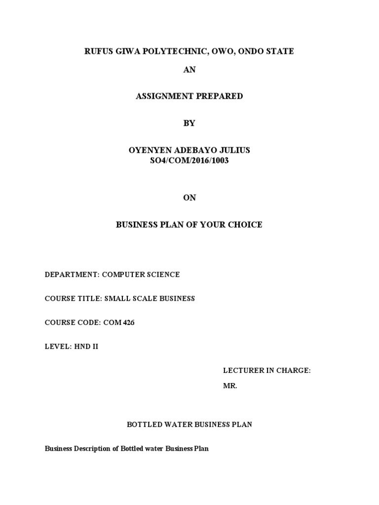 Bottled Water Business Plan in Nigeria PDF Retail Bottled Water