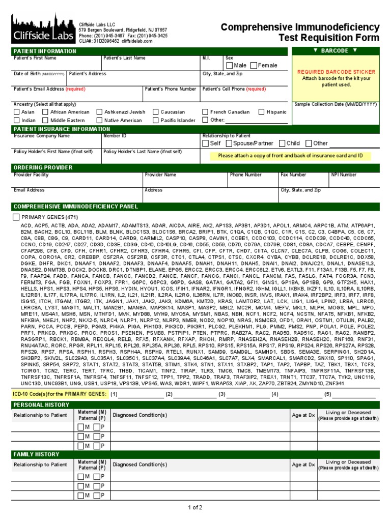 Comprehensive Immunodeficiency Test Requisition Form: Male Female | PDF ...
