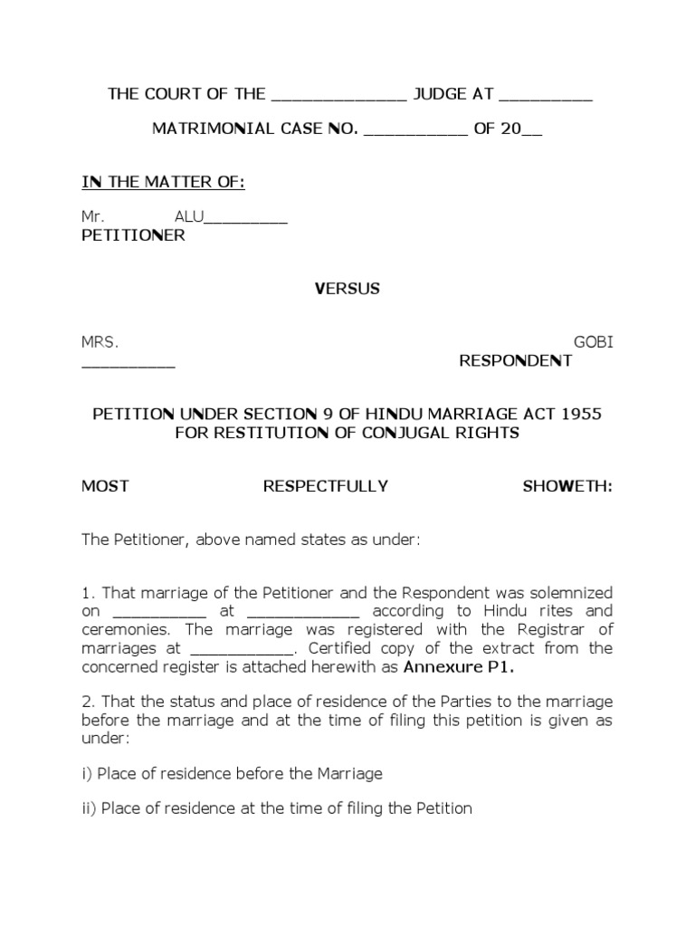 Petition for Restitution of Conjugal Rights | PDF | Social Science | Law