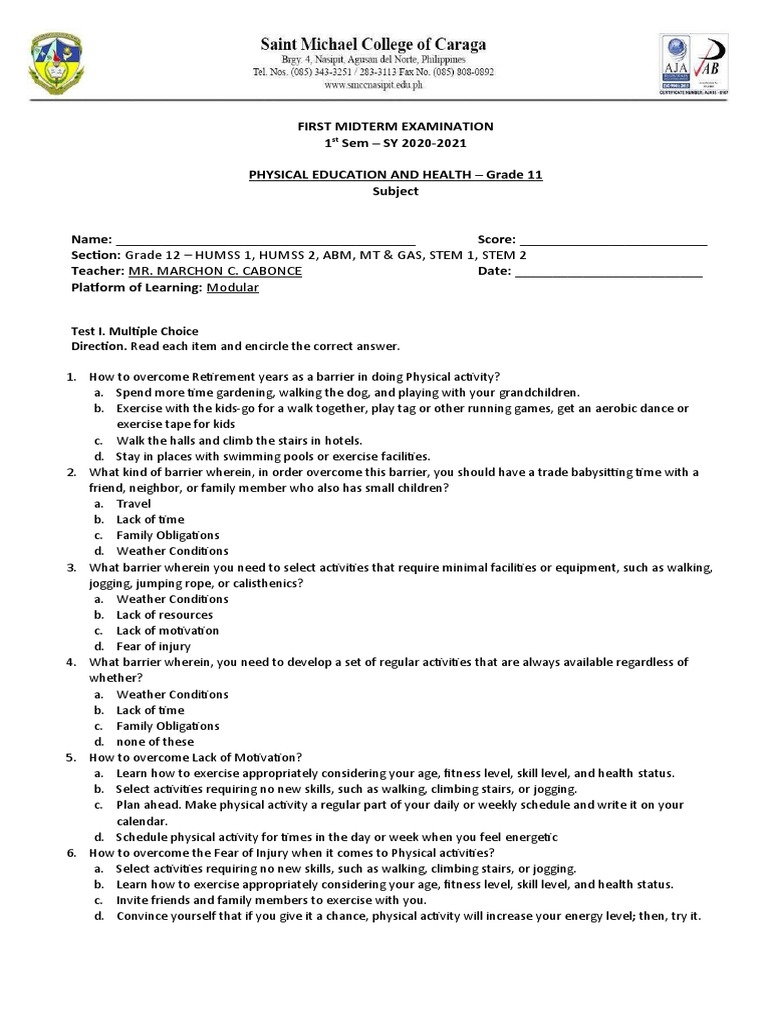 Grade 11 Physical Education Exam Guide | PDF | Physical Education | Dances