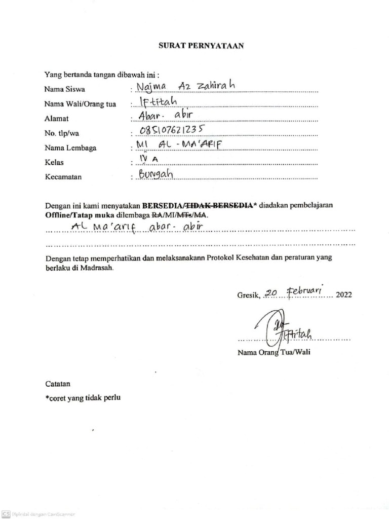 Surat Pernyataan Wali Murid | PDF