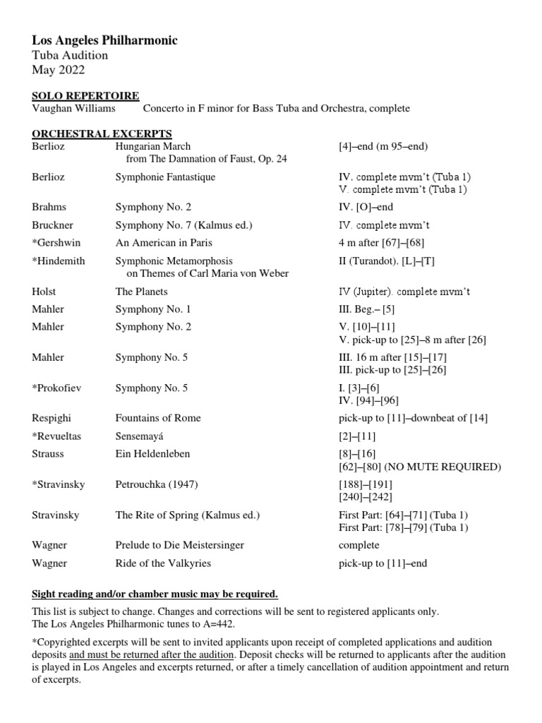 Tuba Audition Repertoire May 2022 PDF Orchestras Performing Arts
