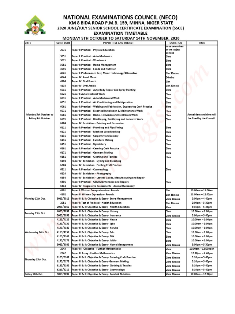 NECO Timetable PDF Paper