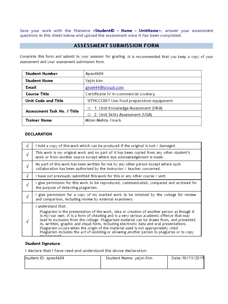 SITHCCC001 Use Food Preparation Equipment Learner Assessment Pack V2.0