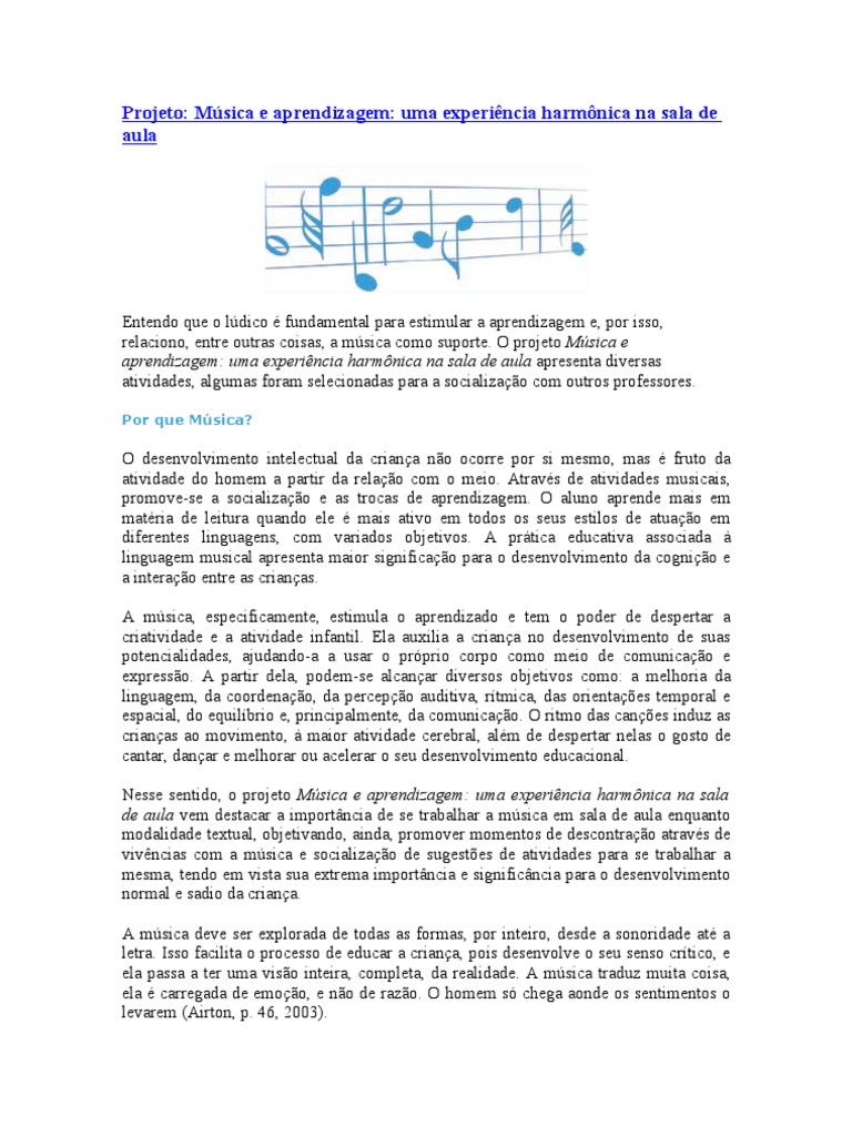 Projeto Musical Experiencia Harmonica Na Sala De Aula Licao Aprendizado