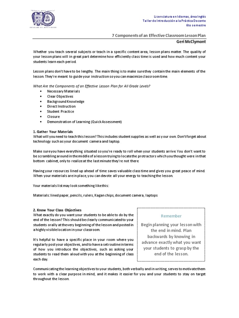 Effective Lesson Plan Components | PDF | Lesson Plan | Learning