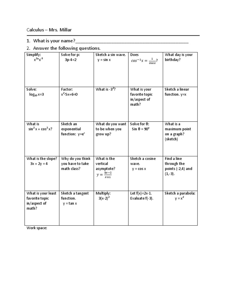 First Day of Class Task Sheet Calculus | PDF | Trigonometric Functions ...
