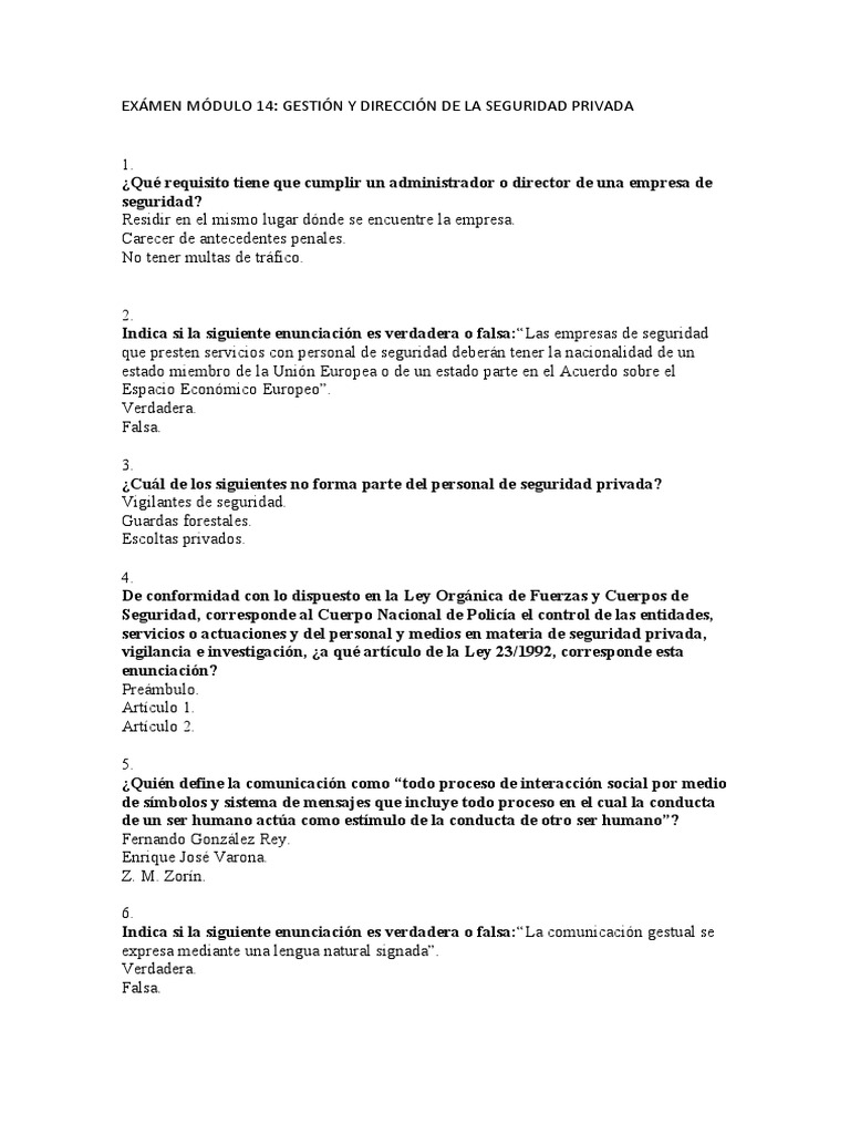 Exámen Módulo 14 Gestion y Dirección de La Seguridad Privada | PDF ...
